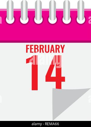 Calendar icon with spiral showing 14 February Valentines day. Flat vector illustration. Stock Vector