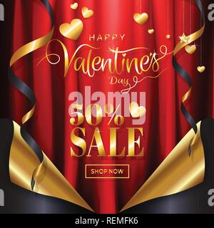 Valentine's day sale background page curl style with red satin fabric background with gold ribbin, glitter ornamental calligraphy for promotion banner Stock Vector