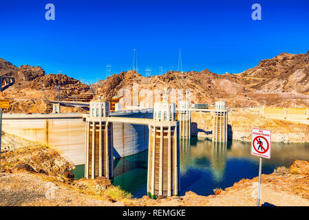 Famous and amazing Hoover Dam at Lake Mead, Nevada and Arizona Border, USA. Stock Photo
