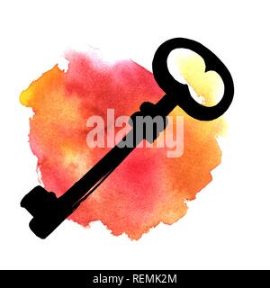 A vector drawing of a key on a watercolor background texture, an abstract icon with copy space Stock Vector