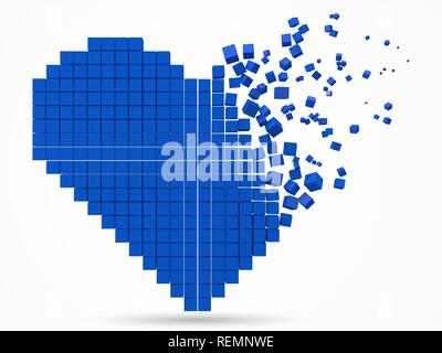 heart shaped, dissolving data block. made with blue cubes. 3d pixel style vector illustration. Stock Vector
