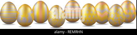 Row of golden easter eggs with silver and bronze patterns vector banner Stock Vector