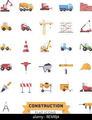 Flat design isolated construction industry and tools vector icons set Stock Vector
