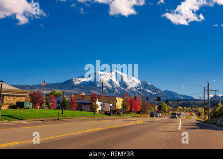 Town of Carbondale facing Mount Sopris in the Elk Mountains Stock Photo