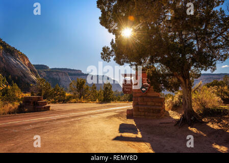 Welcome sign at the entrance to Zion National Park before sunset. Stock Photo