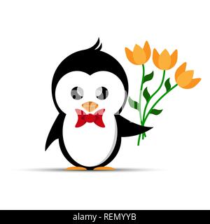 penguin with a red bow on his chest holding a bouquet of yellow flowers Stock Vector