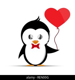penguin with a red bow on his chest holding a heart-shaped balloon Stock Vector