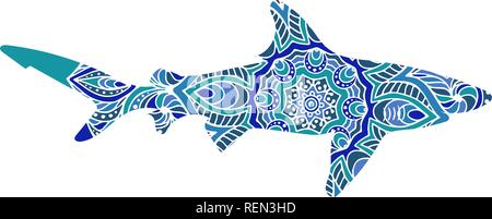 Hand-drawn shark with ethnic doodle pattern. Coloring page - zendala, for relaxation and meditation for adults, vector illustration, isolated on a white background. . Stock Vector