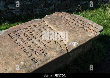 Gravestone in the Riley Graves at Eyam in the Peak District, Derbyshire, England. Victim of the 1666 plague outbreak. Stock Photo