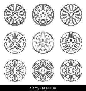 Car wheel trims. Car parts. Vector thin line Stock Vector
