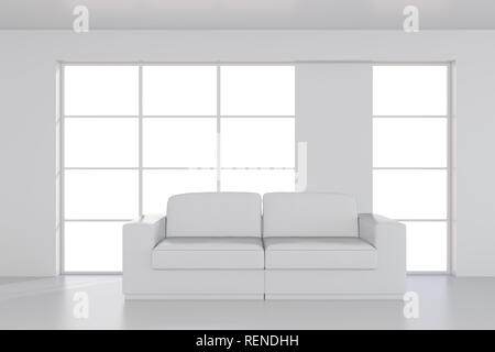 White Sofa in empty room with large window. 3d rendering Stock Photo