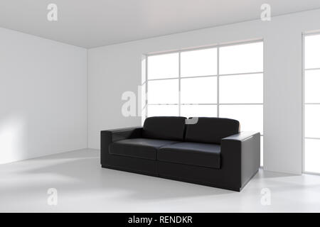 Front view of black leather sofa on gray wall background. 3d rendering Stock Photo