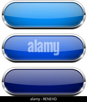 Blue glass buttons with metal frame. Collection of 3d icons Stock ...