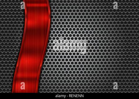 Red metal perforated background with vertical stainless steel plate ...