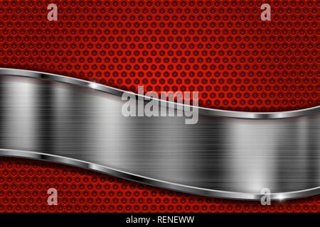 Red perforated background with metal shiny wave plate Stock Vector