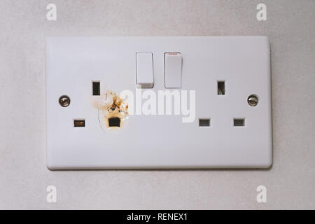 English type G electrical overloaded power plug. Broken power overload switch electric outlet. Outlet, electric plug, electricity. Electric appliance  Stock Photo