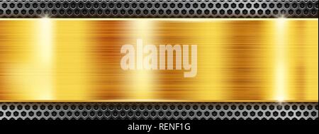 Golden metal background with perforated frame Stock Vector