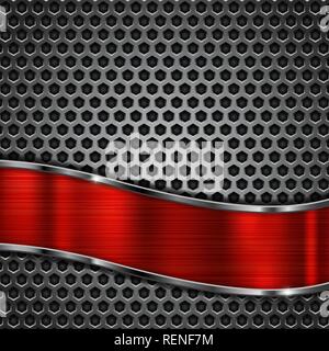 Metal perforated background with red metal shiny stripe Stock Vector