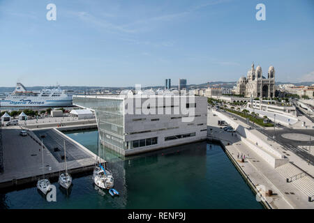 Marseille (south-eastern France): overview of the ÒVilla MediterraneeÓ, building by architect Stefano Boeri, with Marseille Cathedral (ÒCathedrale Sai Stock Photo