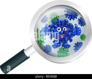 Bacteria Cartoon Mascot Under Magnifying Glass Stock Vector