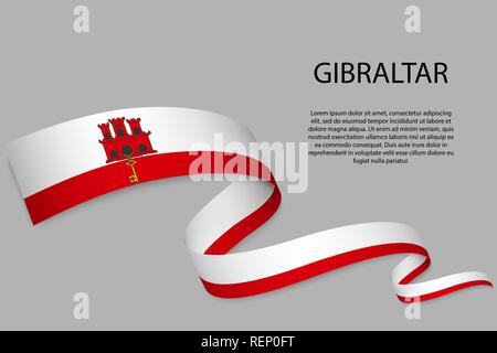 Waving ribbon or banner with flag of Gibraltar. Template for independence day poster design Stock Vector