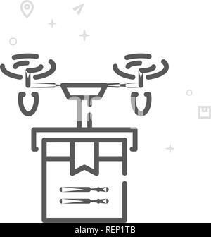 Delivery Drone Vector Line Icon, Symbol, Pictogram, Sign. Light Abstract Geometric Background. Editable Stroke Stock Vector