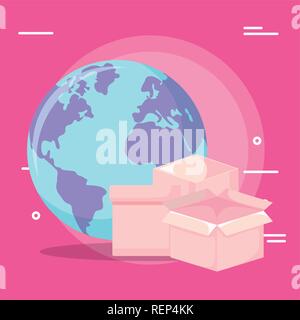 earth planet and boxes Over white background, vector illustration Stock Vector