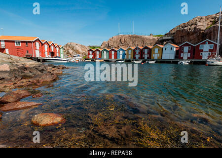 Boat houses, harbour of Smogen, Smogenbryggan, Vastra Gotalands Lan, Bohuslan, Sweden, Västra Götalands Län, Smögen, Smögenbryggan Stock Photo