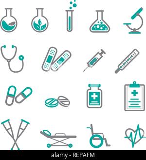 Medical icon set, drawing of a test tube, microscope, pills, syringe, clipboard, wheelchair, crutches, stethoscope etc. Stock Vector