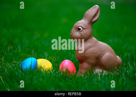chocolate Easter bunny and Easter eggs Stock Photo