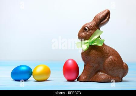 chocolate Easter bunny and Easter eggs Stock Photo