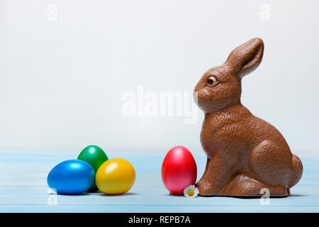 chocolate Easter bunny and Easter eggs Stock Photo