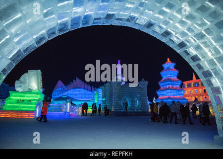 Harbin, China. 22nd Jan, 2019. Various ice and snow sculptures can be seen at Harbin Ice and Snow World Park in Harbin, northeast China's Heilongjiang Province. Credit: Sipa Asia/Pacific Press/Alamy Live News Stock Photo