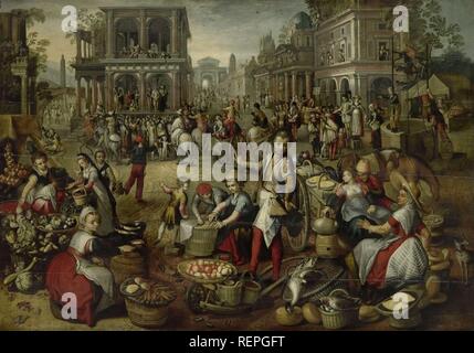 Marketplace, with the Flagellation, the Ecce Homo and the Bearing of the Cross in the background. Dating: 1550 - 1590. Measurements: h 126.5 cm × w 182 cm; d 10.5 cm; w 32 kg. Museum: Rijksmuseum, Amsterdam. Author: Joachim Bueckelaer (copy after). BEUCKELAER, JOACHIM. Stock Photo