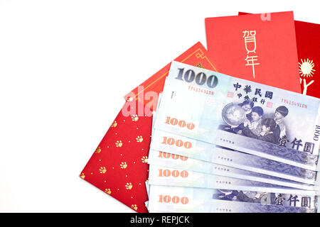 Red envelope packet with Taiwan money on white background for