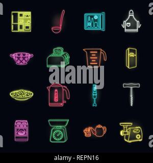 Kitchen equipment neon icons in set collection for design. Kitchen and accessories vector symbol stock  illustration. Stock Vector