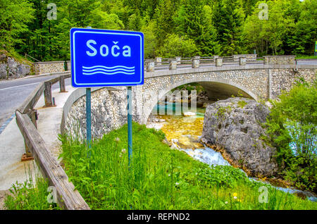 The Soca or Isonzo river sign in Slovenia - Triglav National Park Stock Photo