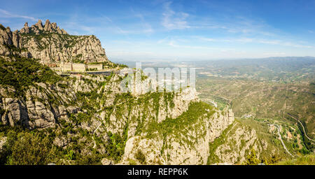 Panoramic view of Montserrat Mountain and the Monastery of Santa Maria de Montserrat Stock Photo