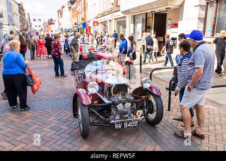Classic cars on display in Westgate Street during the Gloucester Goes Retro Festival in August 2018, Gloucester, Gloucestershire UK Stock Photo