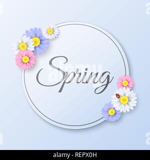 Seasonal Spring Label. Paper round banner with multicolored flowers. Ladybug on a daisy. Light blue sticker. Realistic flowers. Calligraphy text. Vect Stock Vector