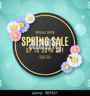 Spring sale banner. Paper round label. Multicolored flowers. Ladybug on a daisy. Seasonal super sale. Special offer. Black sticker. Abstract lights bo Stock Vector