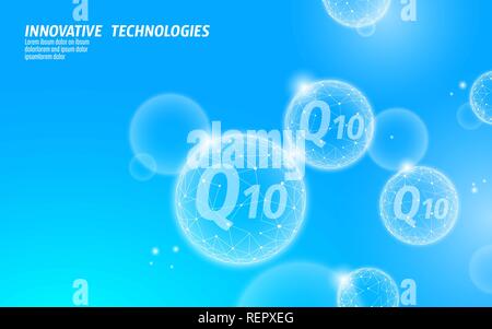 Vitamin Q10 low poly sphere light blue sunny sky. Health supplement skin care anti-aging cosmetics ad complex coenzyme Q ubiquinone. Medicine science banner template vector illustration Stock Vector