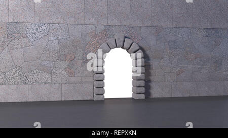 Tiled granite wall with cyclopean stone gate and asphalt floor. White isolated opening in horizontal 3d render. Stock Photo