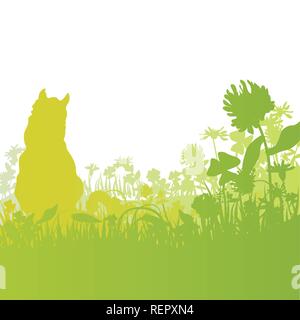 Cat and flowers in the grass Stock Vector