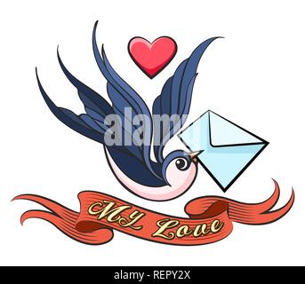 Swallow with love Letter in a beak and ribbon with wording My Love drawn in Tattoo style. Vector illustration. Stock Vector