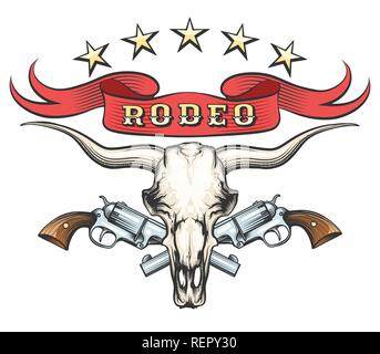 Bull skull with pair of revolvers and ribbon with wording Rodeo drawn in tattoo style. Vector illustration Stock Vector