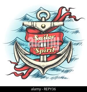 Old vintage anchor and ribbon with wording Sailor spirit on ocean waves pattern drawn in tattoo style. Vector illustration. Stock Vector