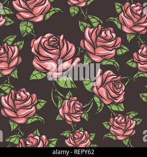 Seamless floral pattern with red roses on dark background. Vector illustration. Stock Vector