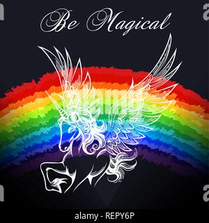 Hand drawn unicorn on the rainbow background with wording Be Magical. vector illustration. Stock Vector