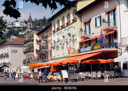 Switzerland Ascona Canton Ticino city Lago Maggiore Lake lakeside promenade lakeside restaurants cafes along sunny shoreline Stock Photo